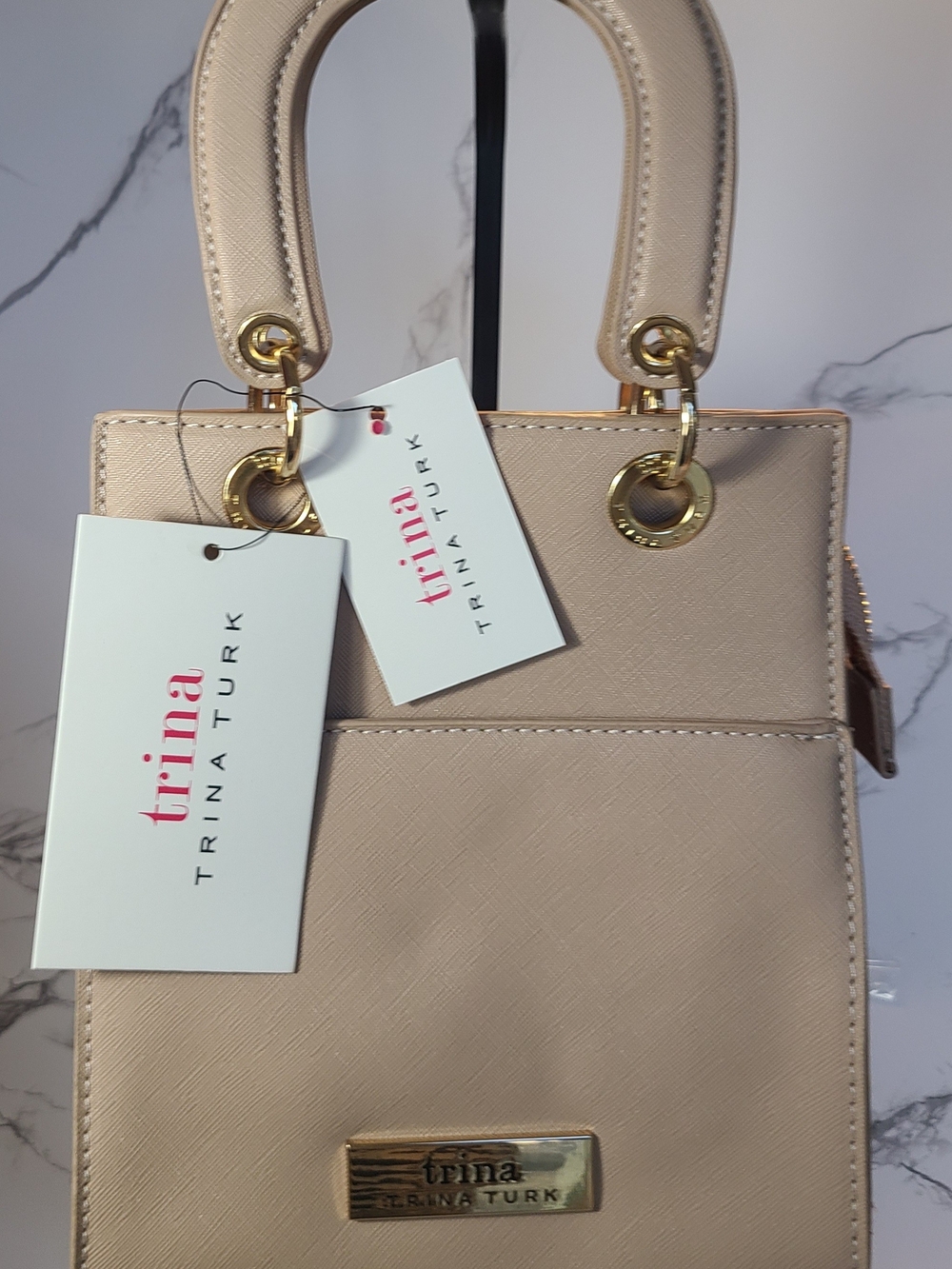 Trina Turk Neutral Beige Saffiano Leather Satchel with Gold Hardware